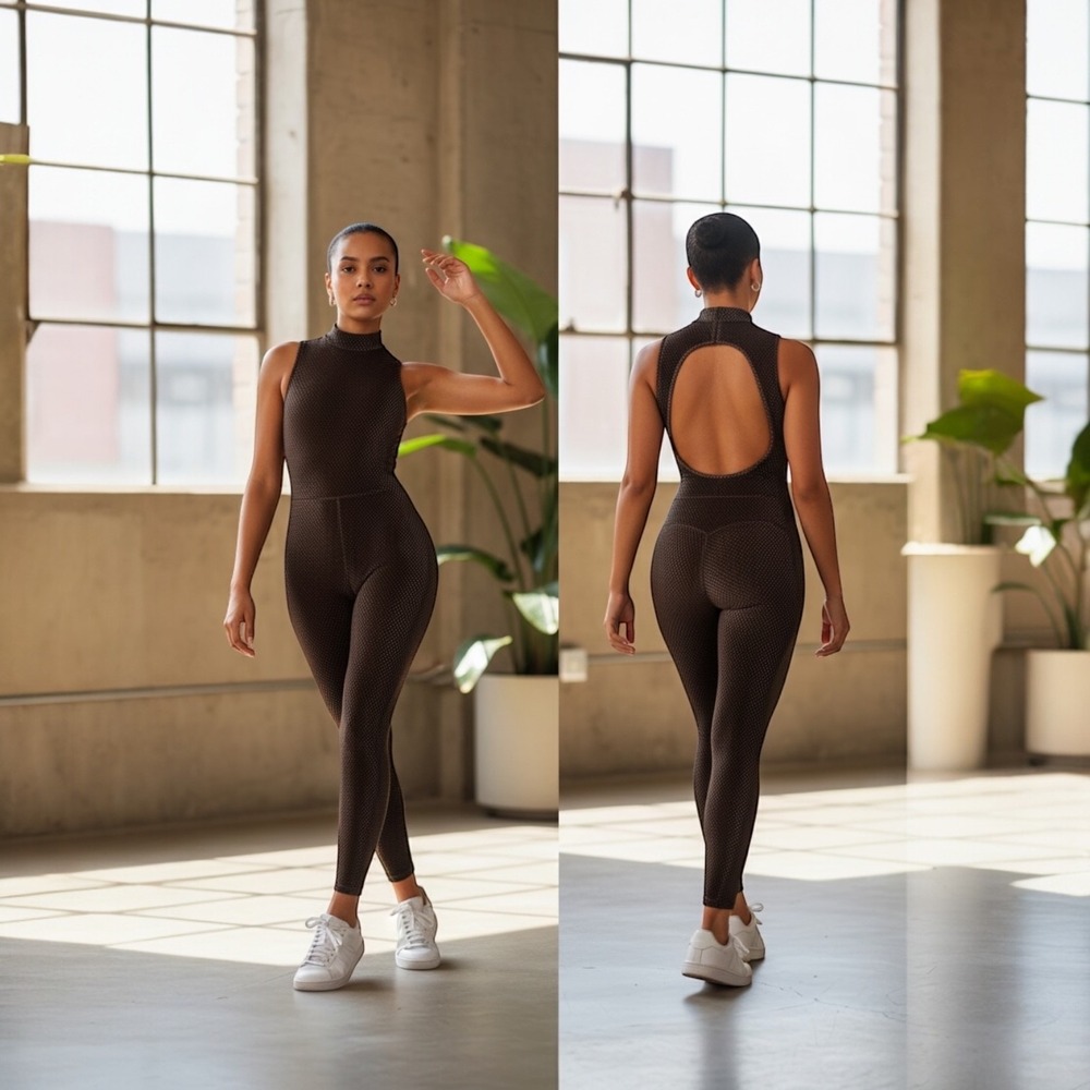 Fabletics Cacao Brown Open Back Jumpsuit 7/8 Built in Bra Athleisure - Small NWT